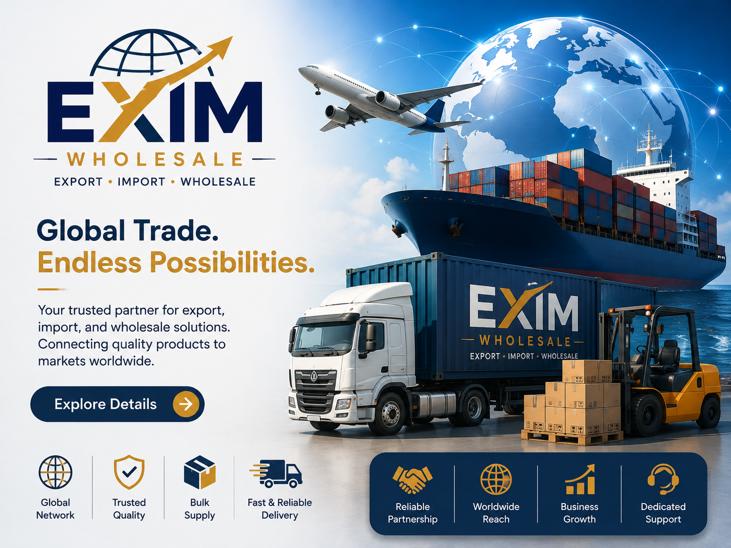 Flat illustration of shipping crates and a delivery truck representing global trade and wholesale