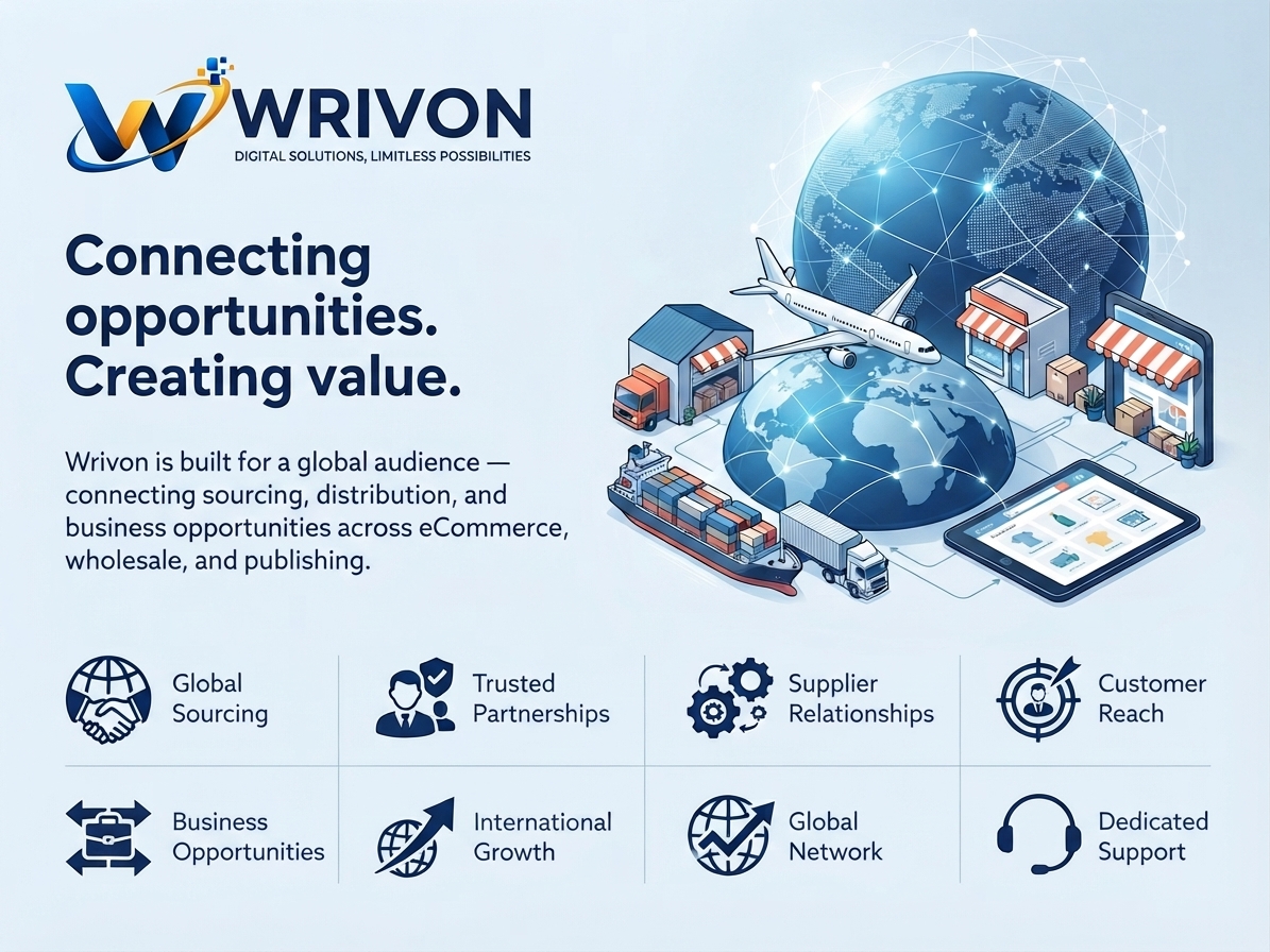 Flat illustration of a globe connected to four business nodes, representing global sourcing and partnerships